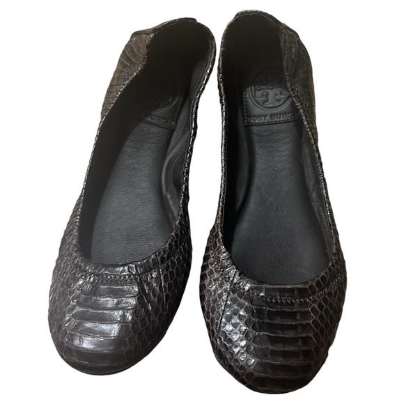 TORY BURCH Snakeskin Embossed Leather Eddie No Logo Ballerina Flats Size 5 - Picture 2 of 8
